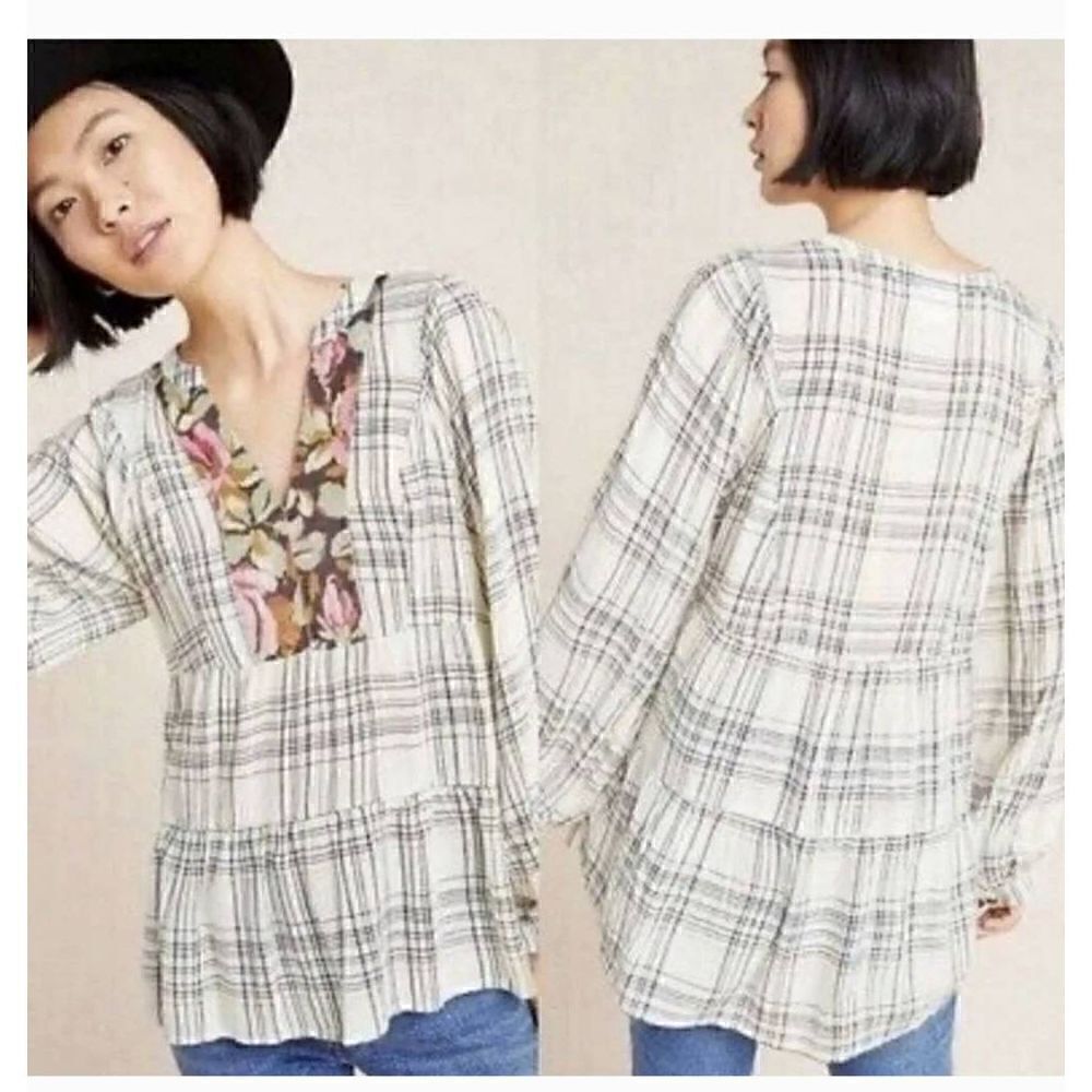 Anthropology Darlene Plaid Peasant Top S